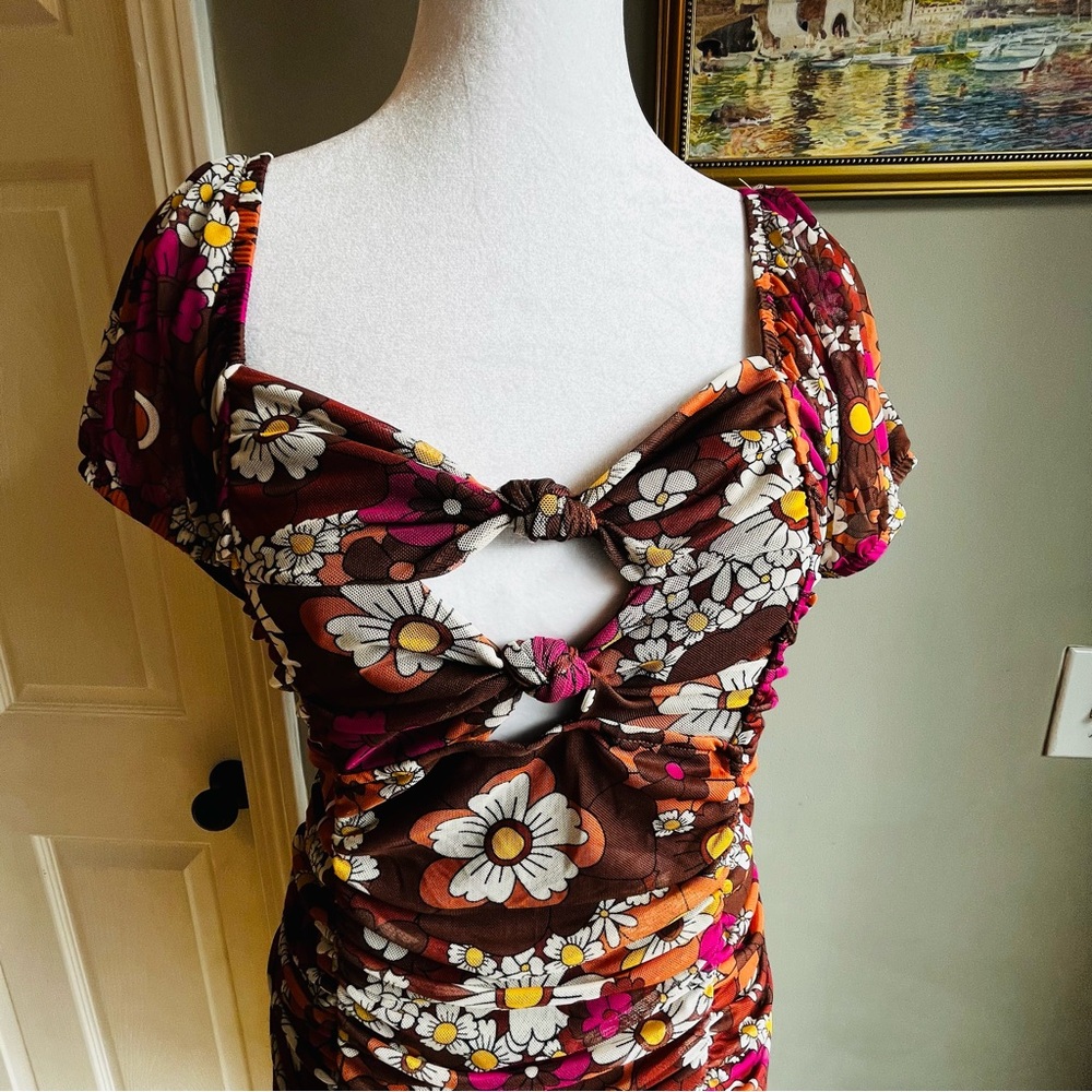 Madden NYC Hippie Floral Brown and Pink Women's Dress BodyCon Girly Large